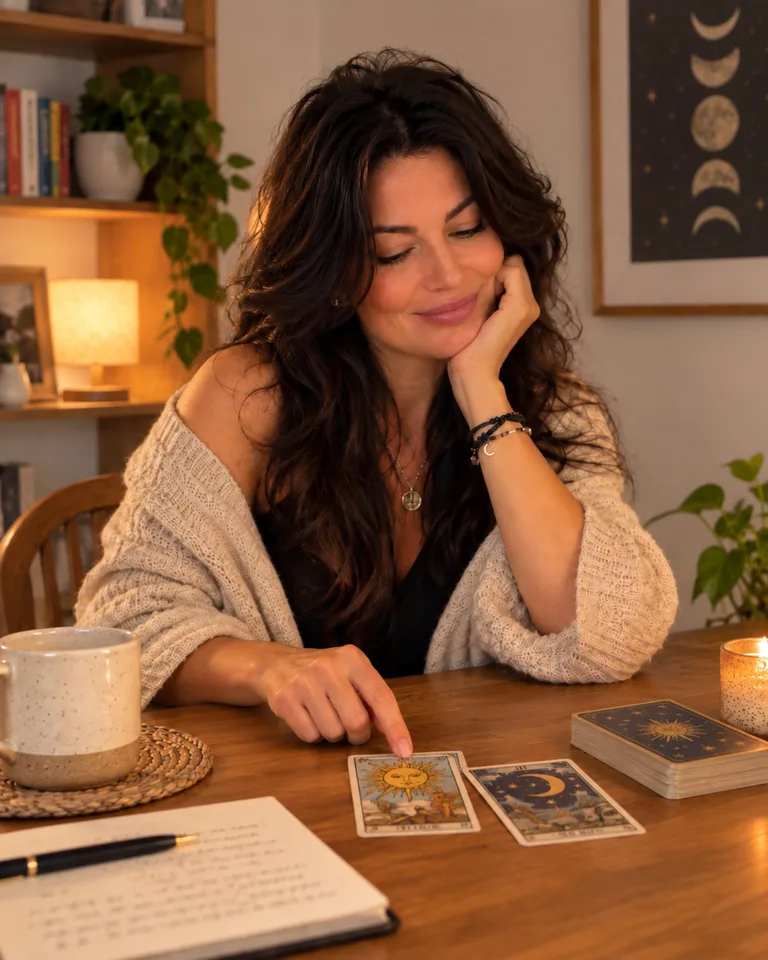 Daniela reflecting beside tarot cards